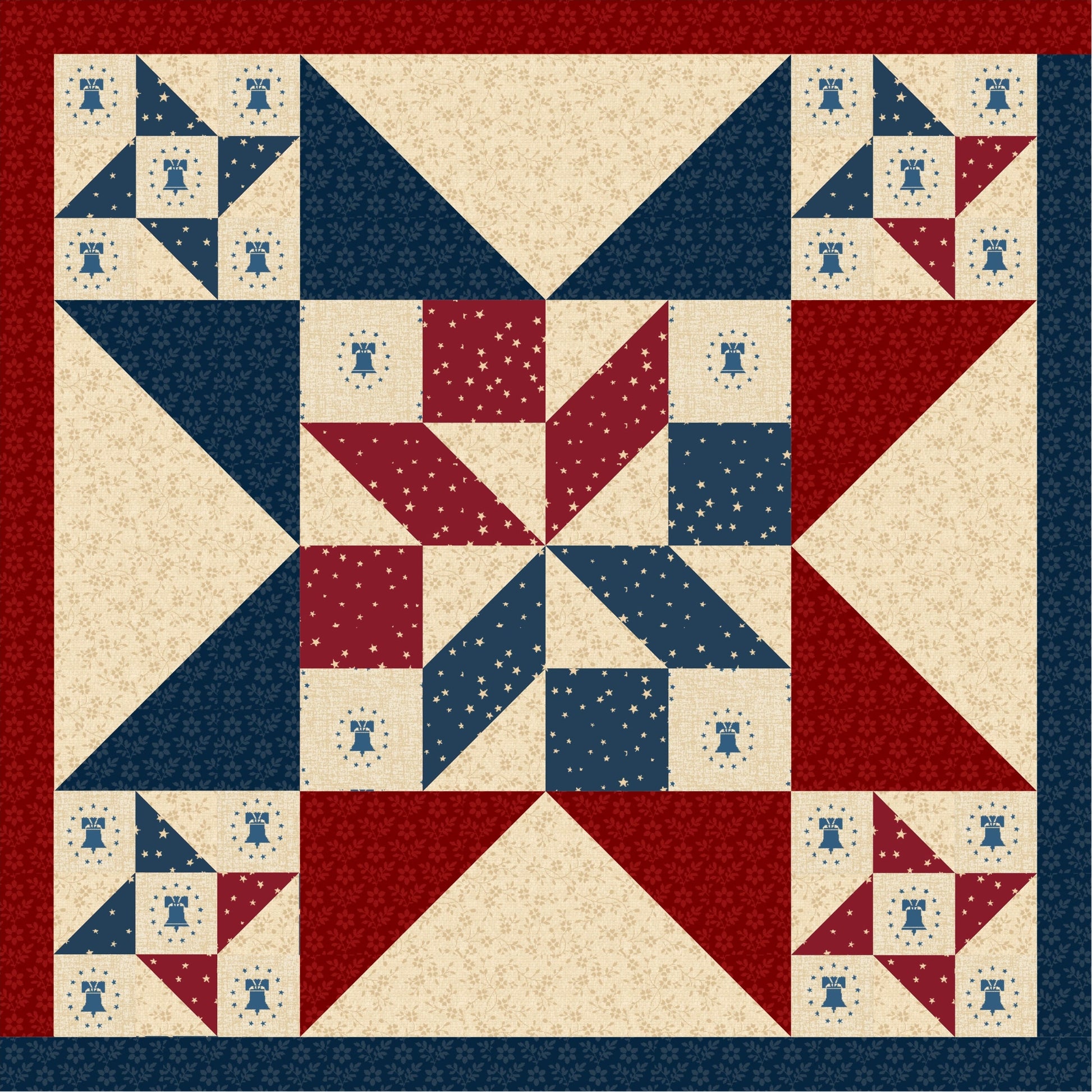 quilt pattern made up of patriotic fabrics featuring one large star with a small star in each of the 4 corner blocks.