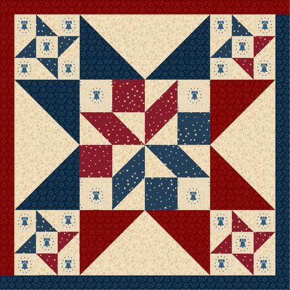 quilt pattern made up of patriotic fabrics featuring one large star with a small star in each of the 4 corner blocks.