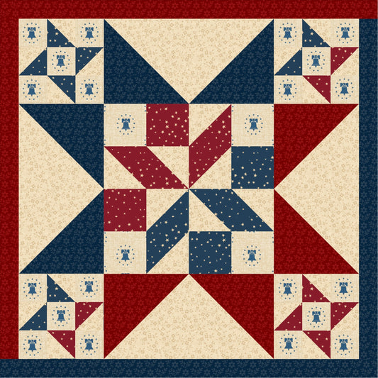 quilt pattern made up of patriotic fabrics featuring one large star with a small star in each of the 4 corner blocks.