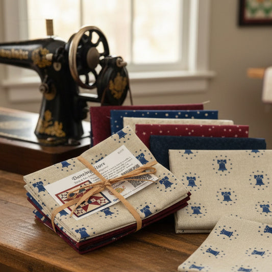 Collection of fabric swatches with patriotic patterns on a wooden table with an antique sewing machine.