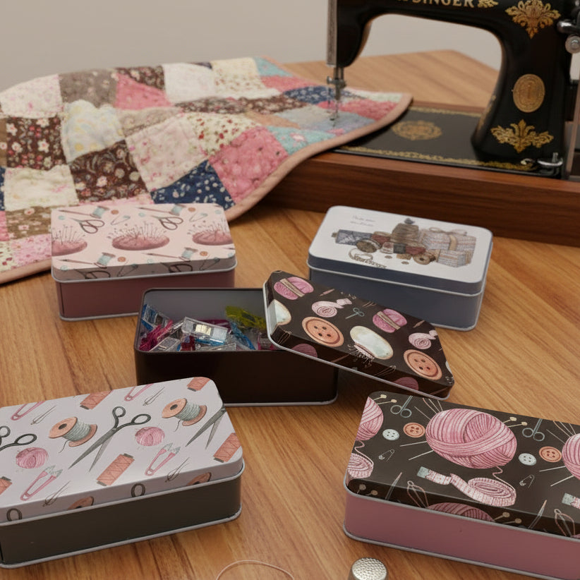 Set of decorative tin boxes with various patterns on a table with a quilt and sewing machine.
