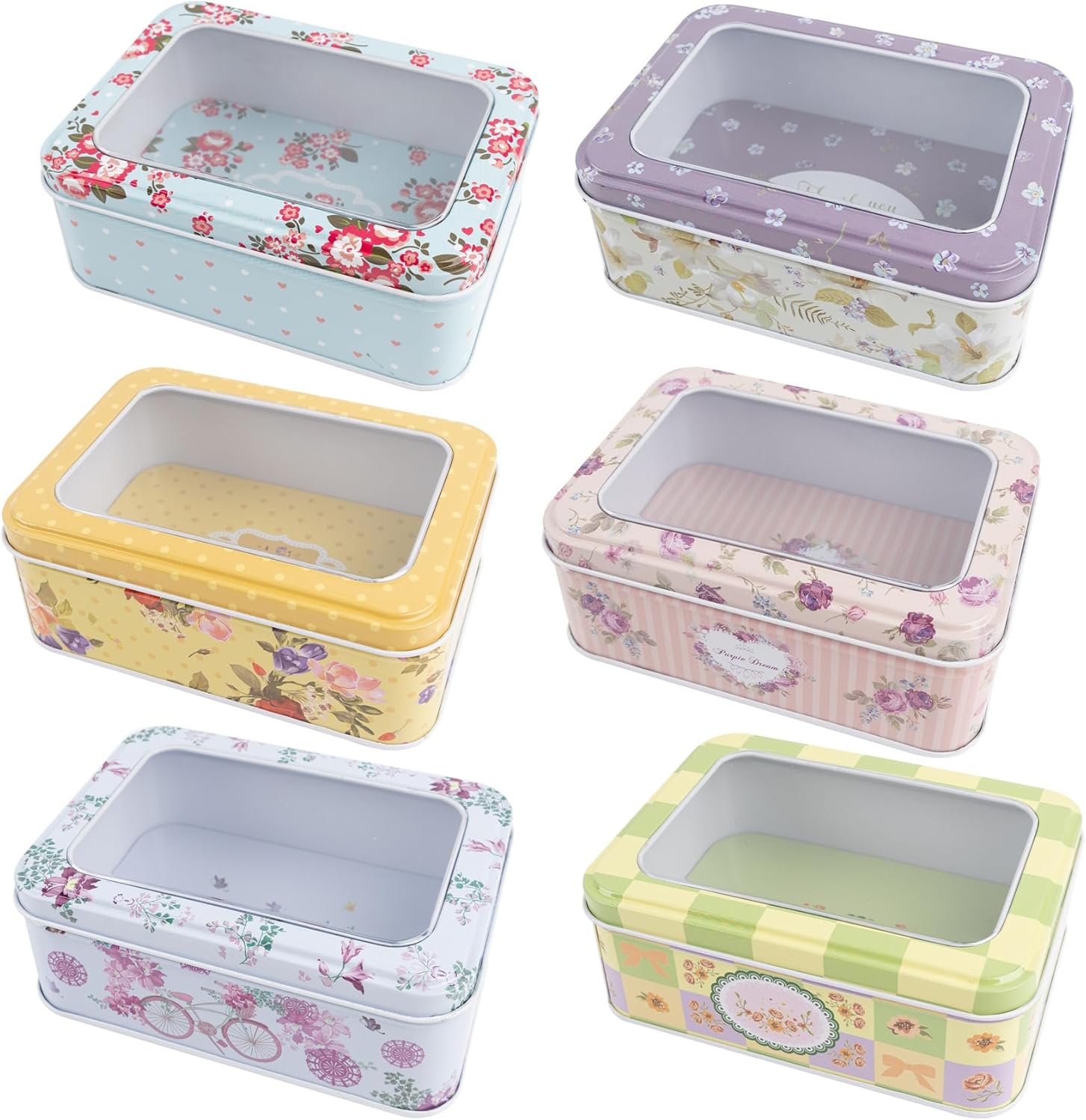 6 Tin floral colored boxes with clear window in cover on a white background.