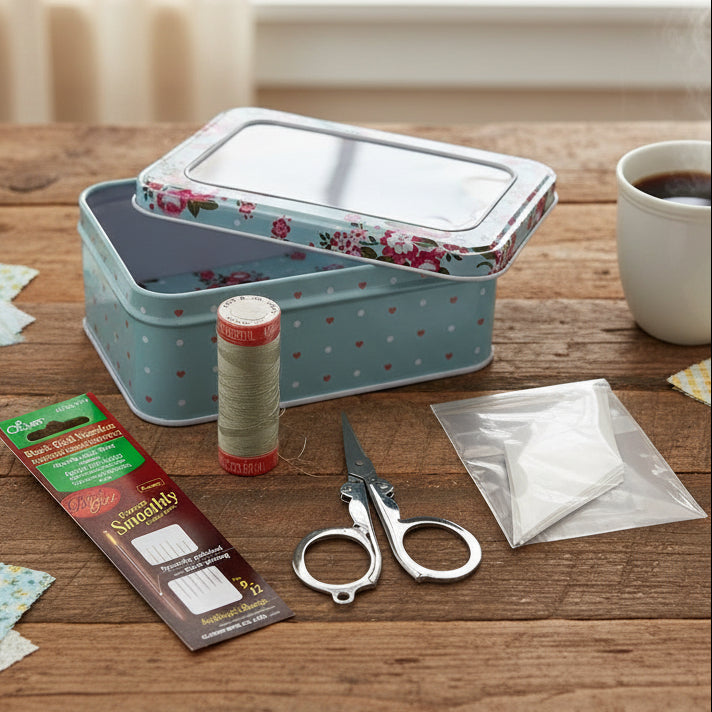 Sewing kit with floral-patterned tin, scissors, thread, needles, and a bag sitting on a wooden table with a cup of coffee.