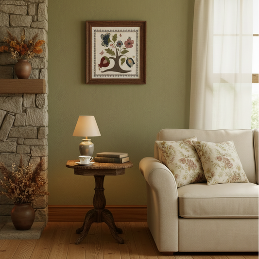 tree with flowers and bugs stitched on linen in a square wooden frame