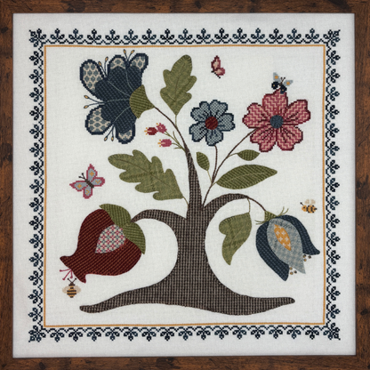 cross stitch and wool applique design of a tree with flowers, butterflies, and bees on a white background.