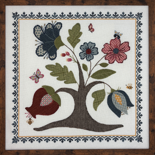 cross stitch and wool applique design of a tree with flowers, butterflies, and bees on a white background.