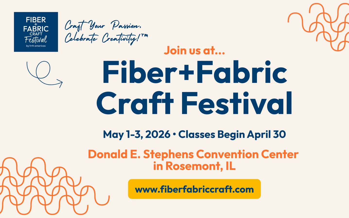 Advertisement for Fiber + Fabric Craft Festival with event details and branding.