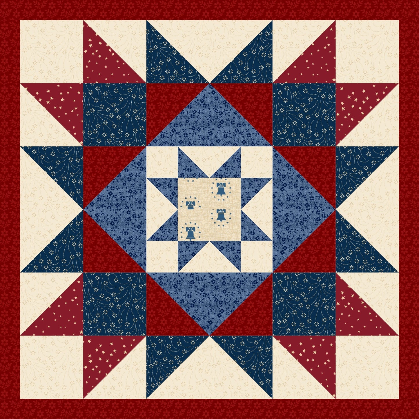 Quilt with star pattern in red, white, and blue on a white background