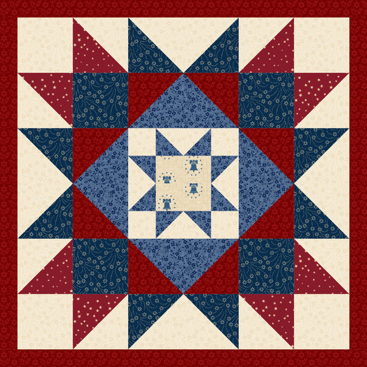 Quilt with star pattern in red, white, and blue on a white background