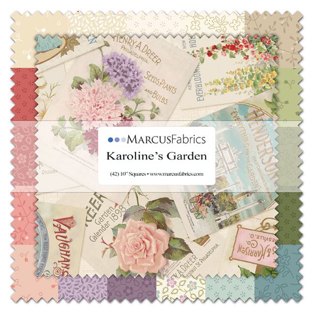 A square fabric collection cover for MarcusFabrics 'Karoline's Garden' showing a collage of vintage-style floral and botanical patterns in soft pastel colors including pink, purple, green, blue, and beige, with a white central label.