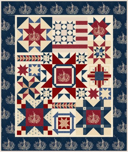 Quilt with star and geometric patterns with a blue border.