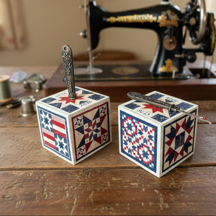 Two decorative cubes with star patterns on a wooden table in front of an antique sewing machine.
