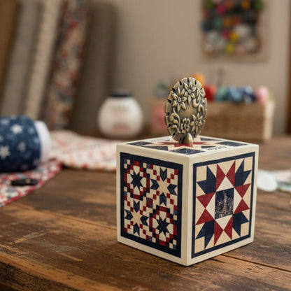 Wooden cube sitting on a wooden table in a sewing room.