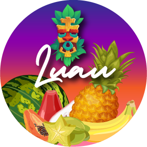 Tropical fruit and a tiki mask with the word Luau written across it.