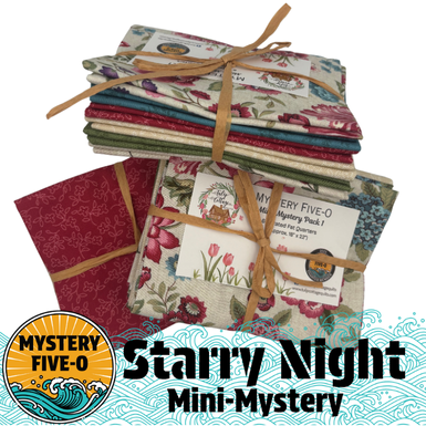 Stack of fabric packets tied with twine, featuring 'Mystery Five-O' branding, on a white background.