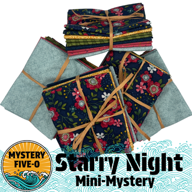 Stack of fabric bundles with floral patterns on a white background, featuring the 'Mystery Five-O' logo.