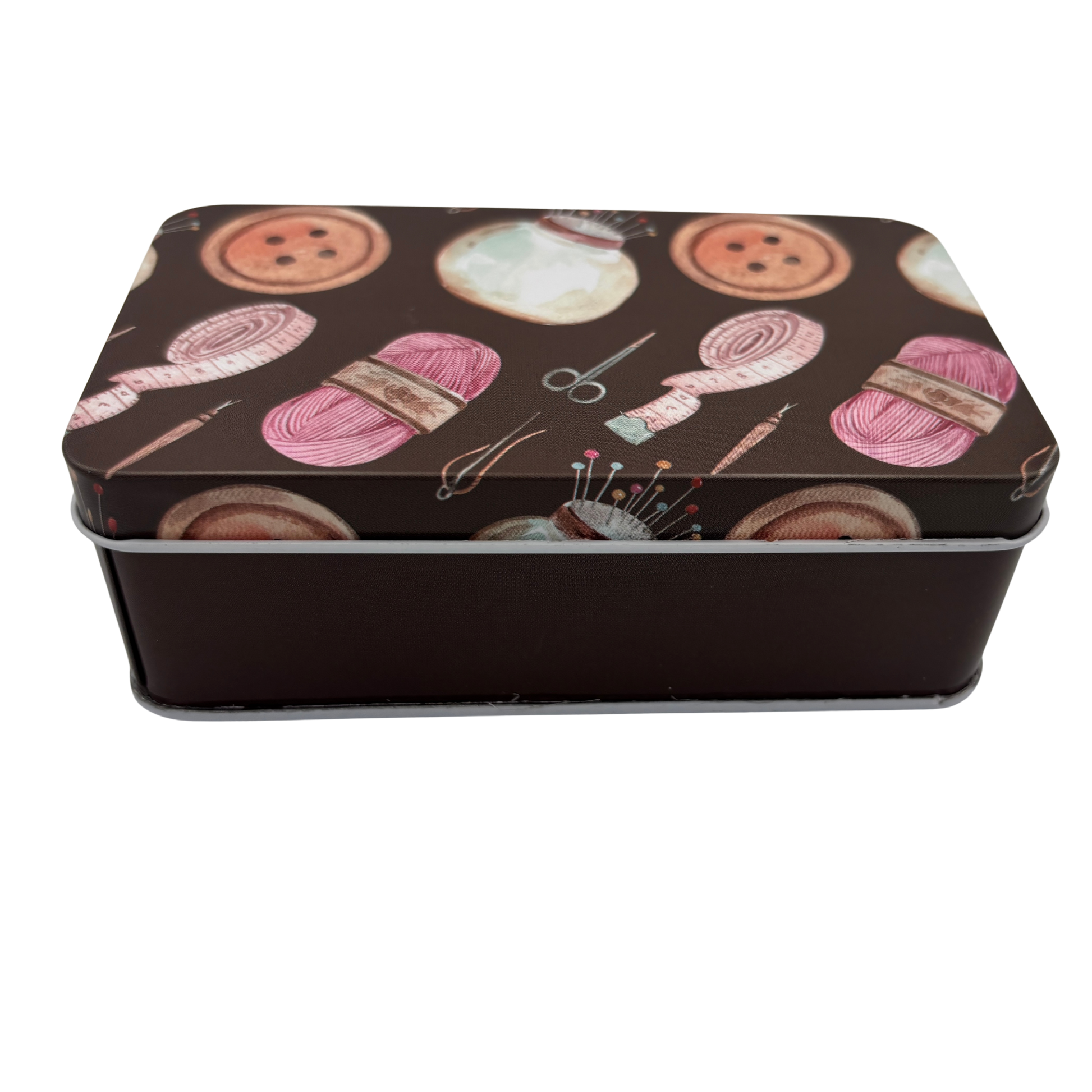 Rectangular tin box with yarn and sewing tools design on a brown background
