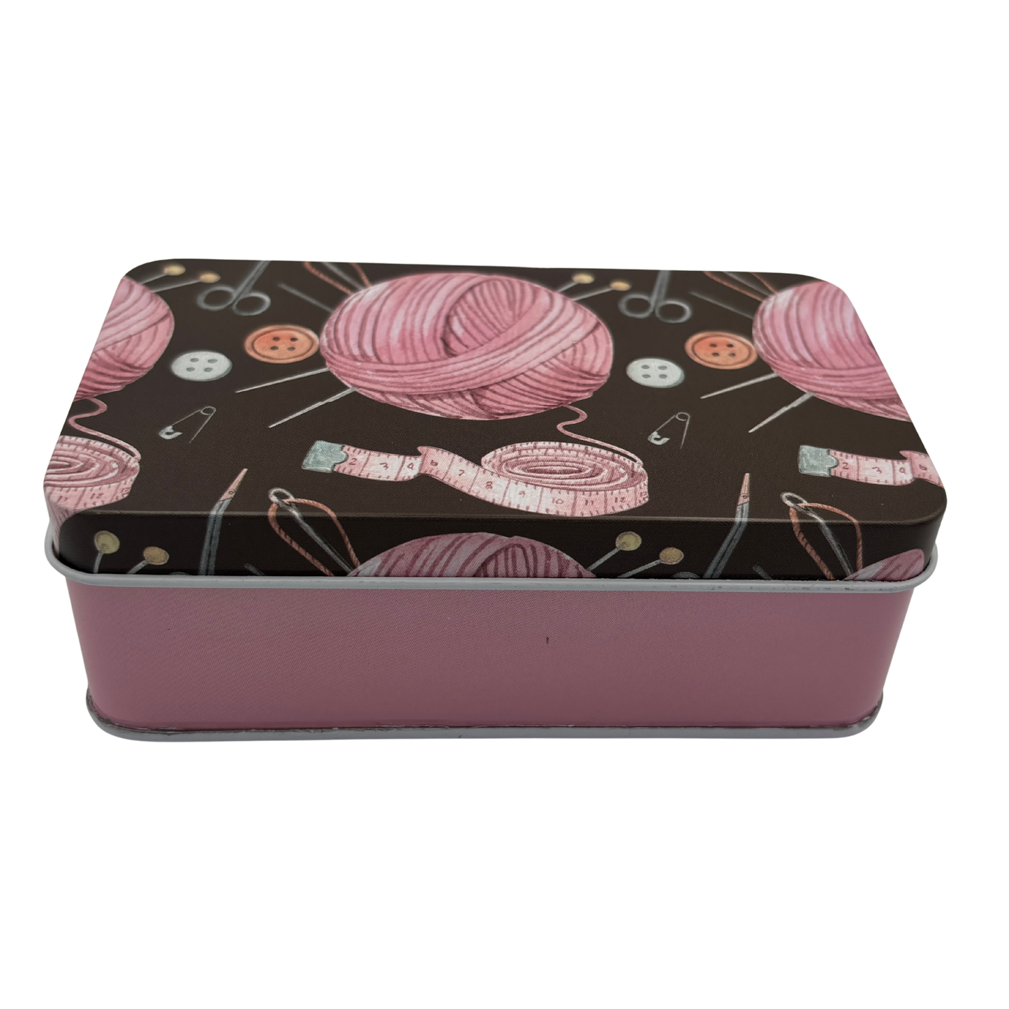 Rectangular tin box with pink yarn and knitting tools design on a black background