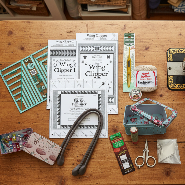 variety of notions such as rulers, stitching and crochet hook arranged on a table