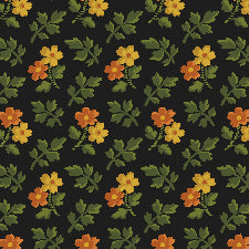 Pattern of small flowers and leaves on a black background