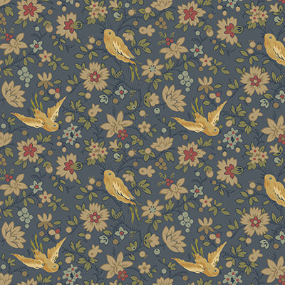 Patterned fabric with birds and flowers on a blue background