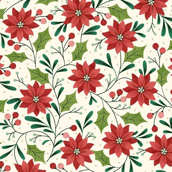 Christmas-themed pattern with red poinsettias and green leaves on a white background