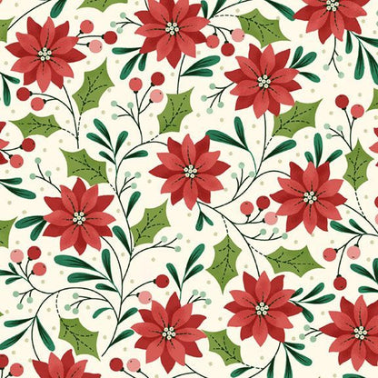 Christmas-themed pattern with red poinsettias and green leaves on a white background