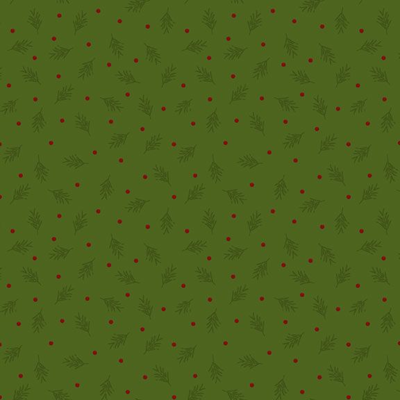 Green patterned background with small red dots and green leaves on a green background