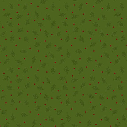 Green patterned background with small red dots and green leaves on a green background