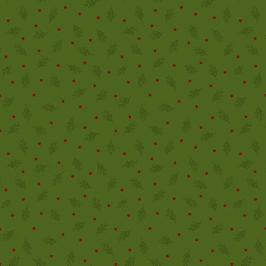 Green patterned background with small red dots and green leaves on a green background