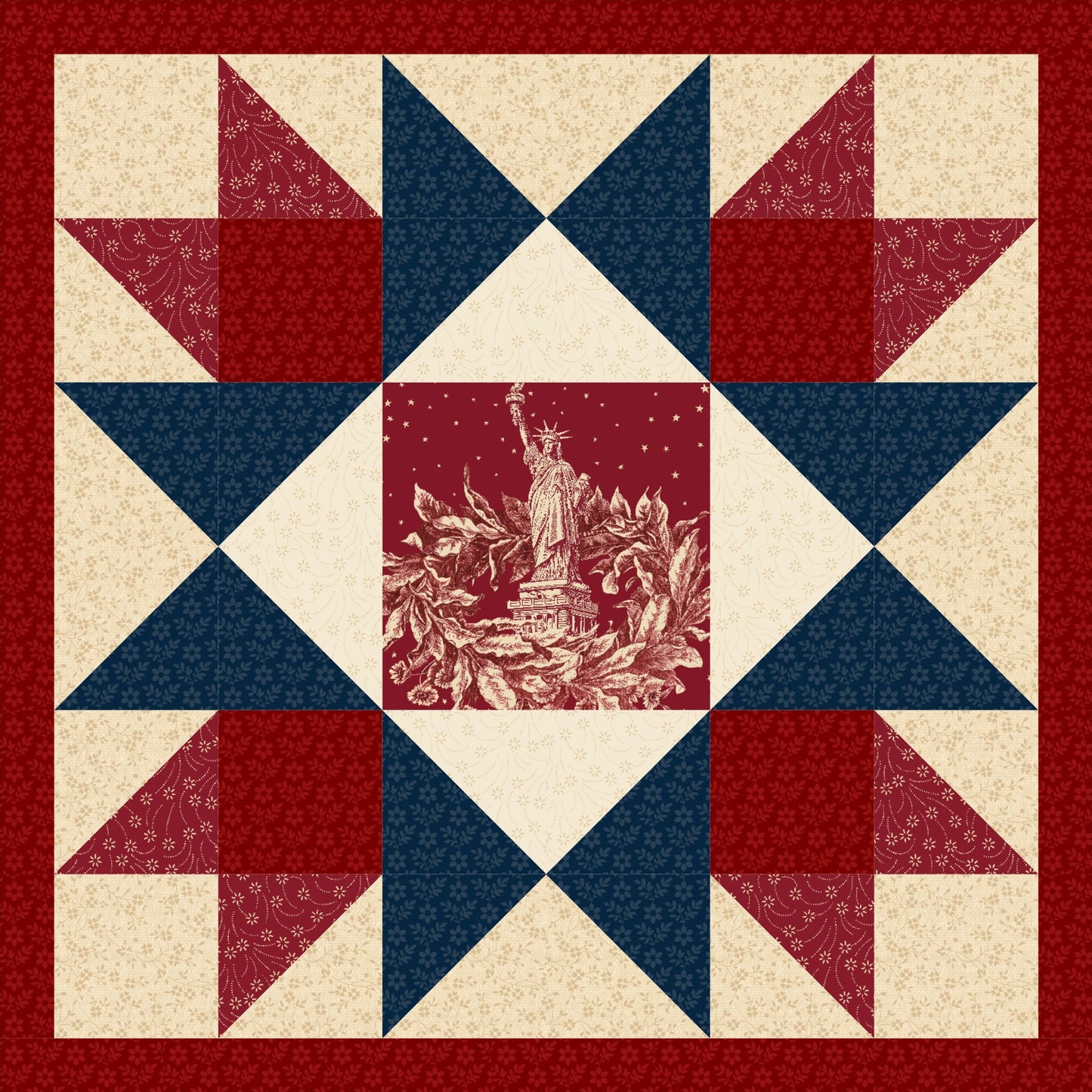 Quilt with star pattern featuring the Statue of Liberty in the center