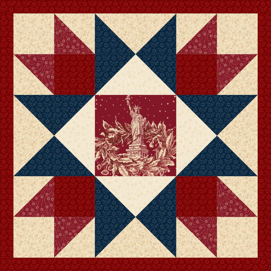 Quilt with star pattern featuring the Statue of Liberty in the center