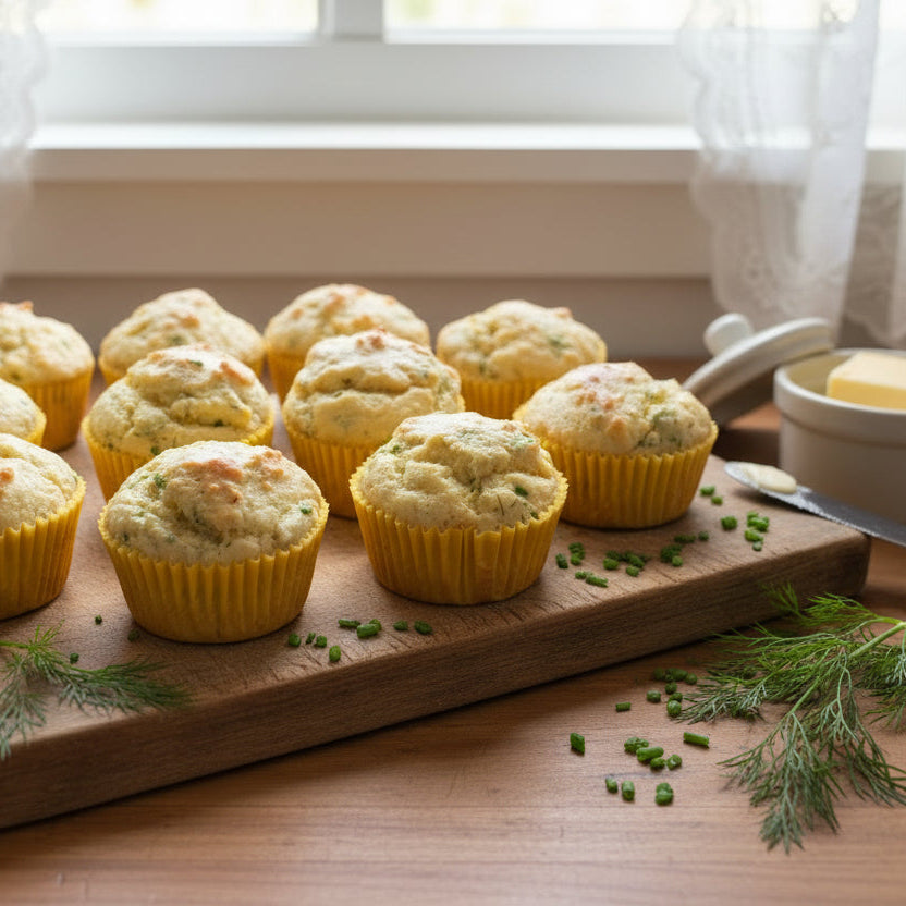 Baked muffins in yellow paper cups on a wooden board with a window in the background.