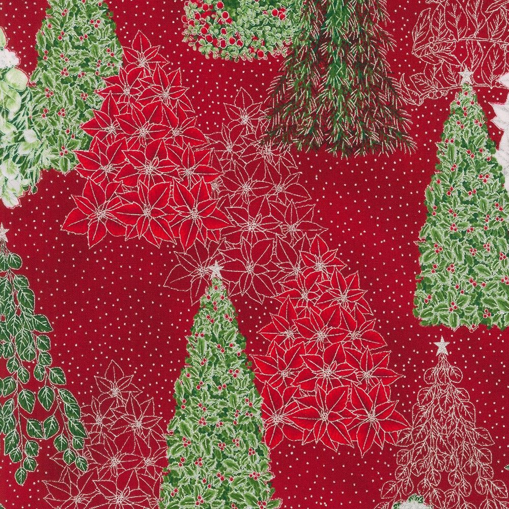 Christmas-themed fabric pattern with trees, holly, and poinsettias on a red background.
