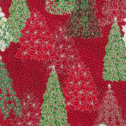 Christmas-themed fabric pattern with trees, holly, and poinsettias on a red background.