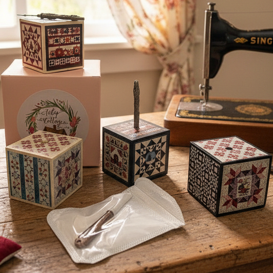wooden cubes showing quilt images on each side with a seam ripper sticking out of a hole in the top