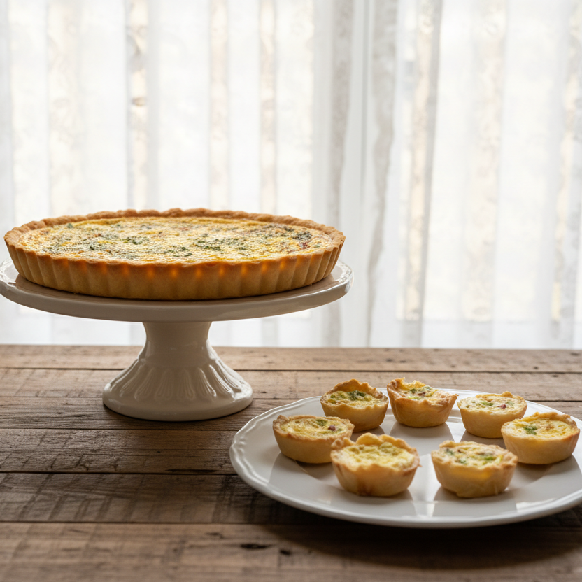 Quiches on a plate with a window in the background