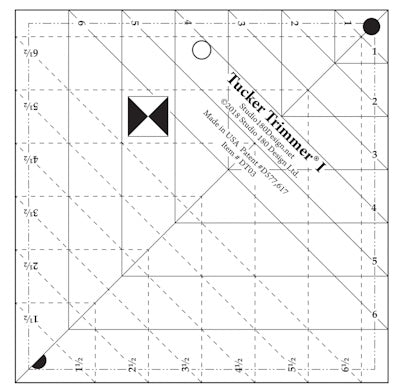 Quilting ruler with grid lines and 'Tucker Trimmer' branding