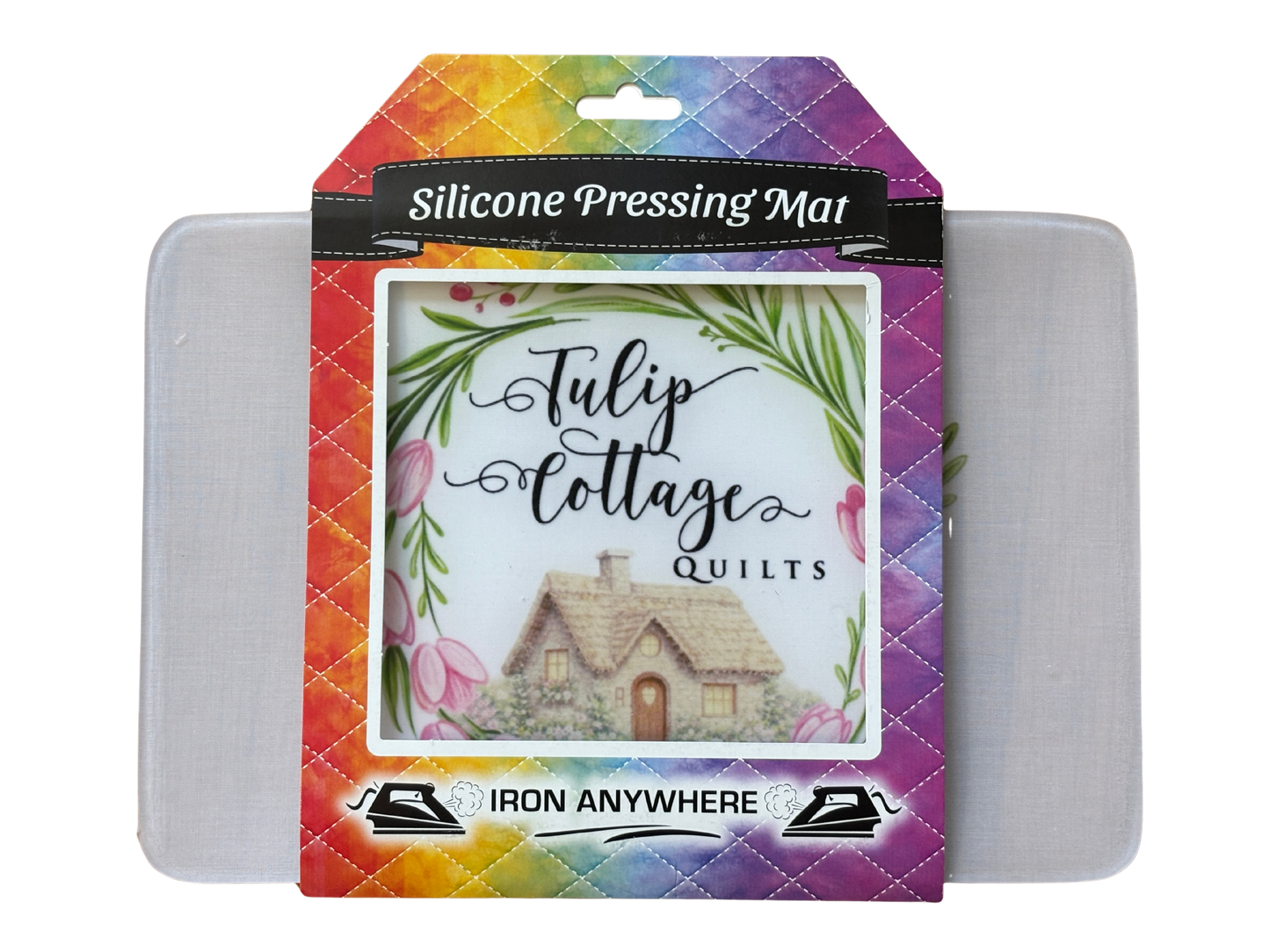 Silicone pressing mat with colorful packaging featuring 'Tulip Cottage Quilts' branding.