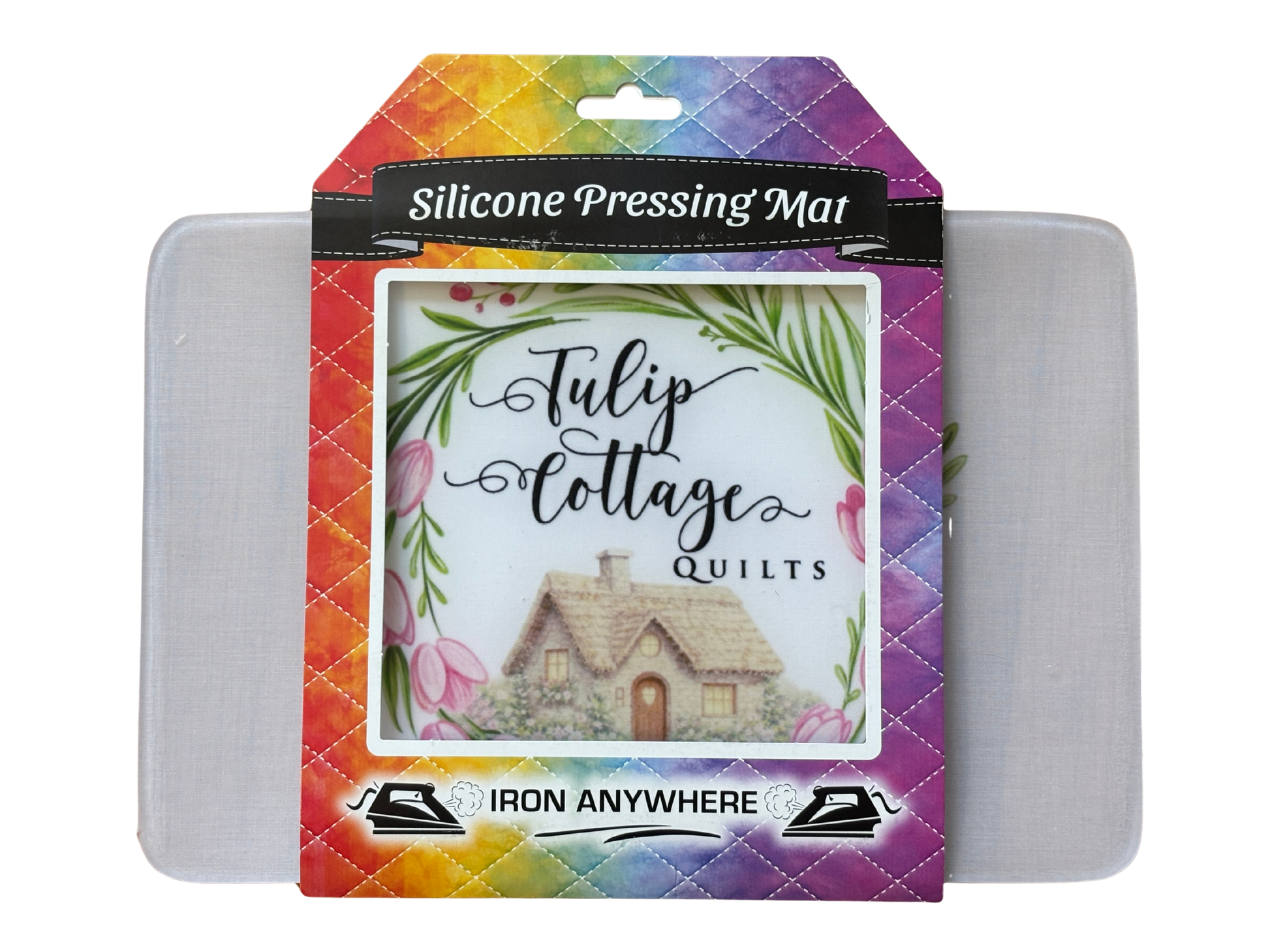 Silicone pressing mat with colorful packaging featuring 'Tulip Cottage Quilts' branding.