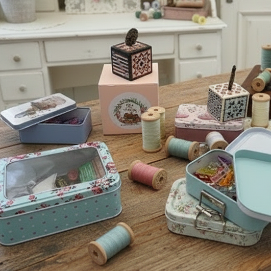 Collection of decorative tins with various designs and spools of thread in a sewing room