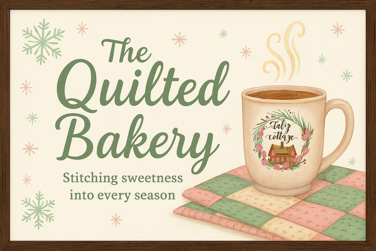 Sign that says The Quilted Bakery and shows a mug of coffee with a Tulip Cottage Quilts Logo on it, sitting on top of a green and pink quilt.
