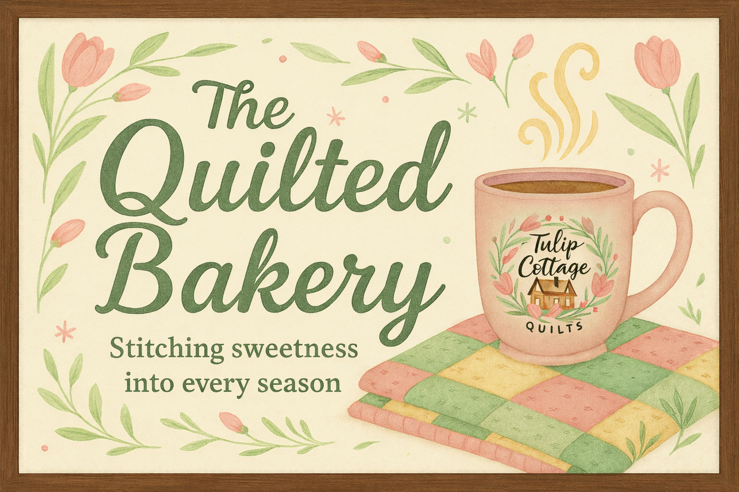 Illustrated sign that says 'The Quilted Bakery' with a coffee mug sitting on a quilt