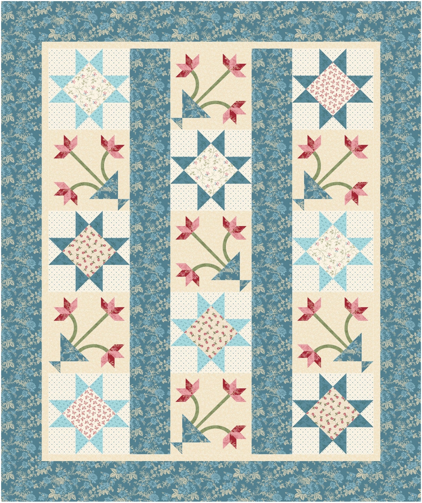 Quilt with floral and star patterns on a blue background