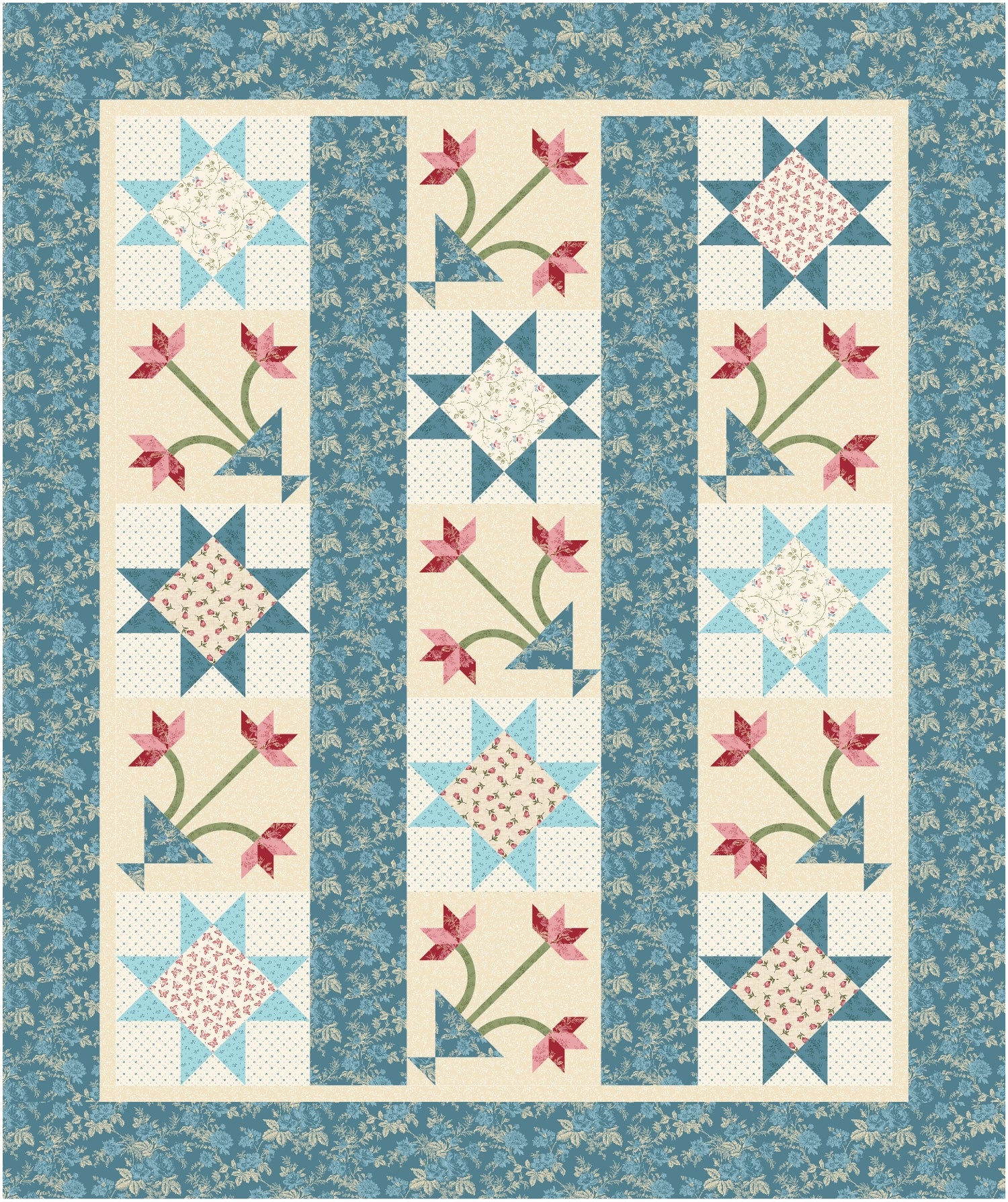 Quilt with floral and star patterns on a blue background
