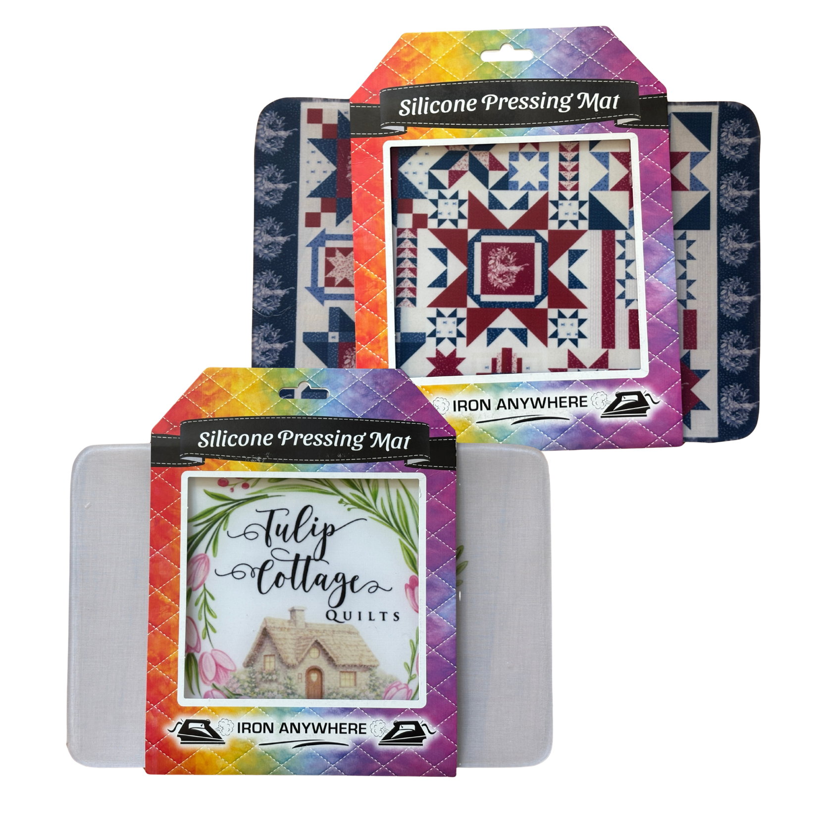 Silicone pressing mats with colorful packaging featuring quilt designs and 'Tulip Cottage Quilts' branding.