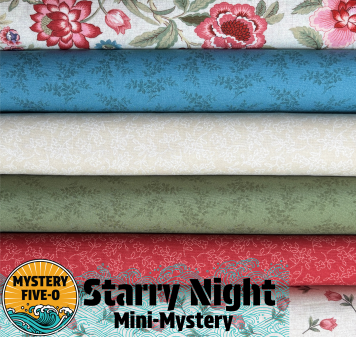 Stack of fabric bolts with floral pattern and 'Starry Night Mini-Mystery' text.