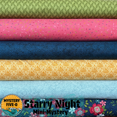 Collection of fabric bolts with various patterns and colors, featuring the brand 'Mystery Five-O'.