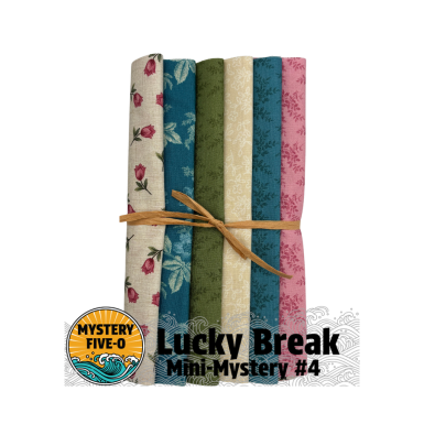 Set of five patterned books tied together with a string, featuring the 'Mystery Five-O' logo and text 'Lucky Break Mini-Mystery #4'.