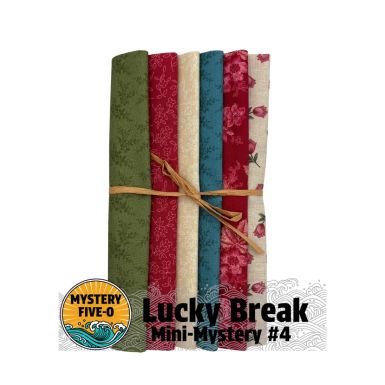 Set of six fabric rolls tied together with a brown ribbon on a white background, featuring the 'Mystery Five-O' logo and text 'Lucky Break Mini-Mystery #4'.